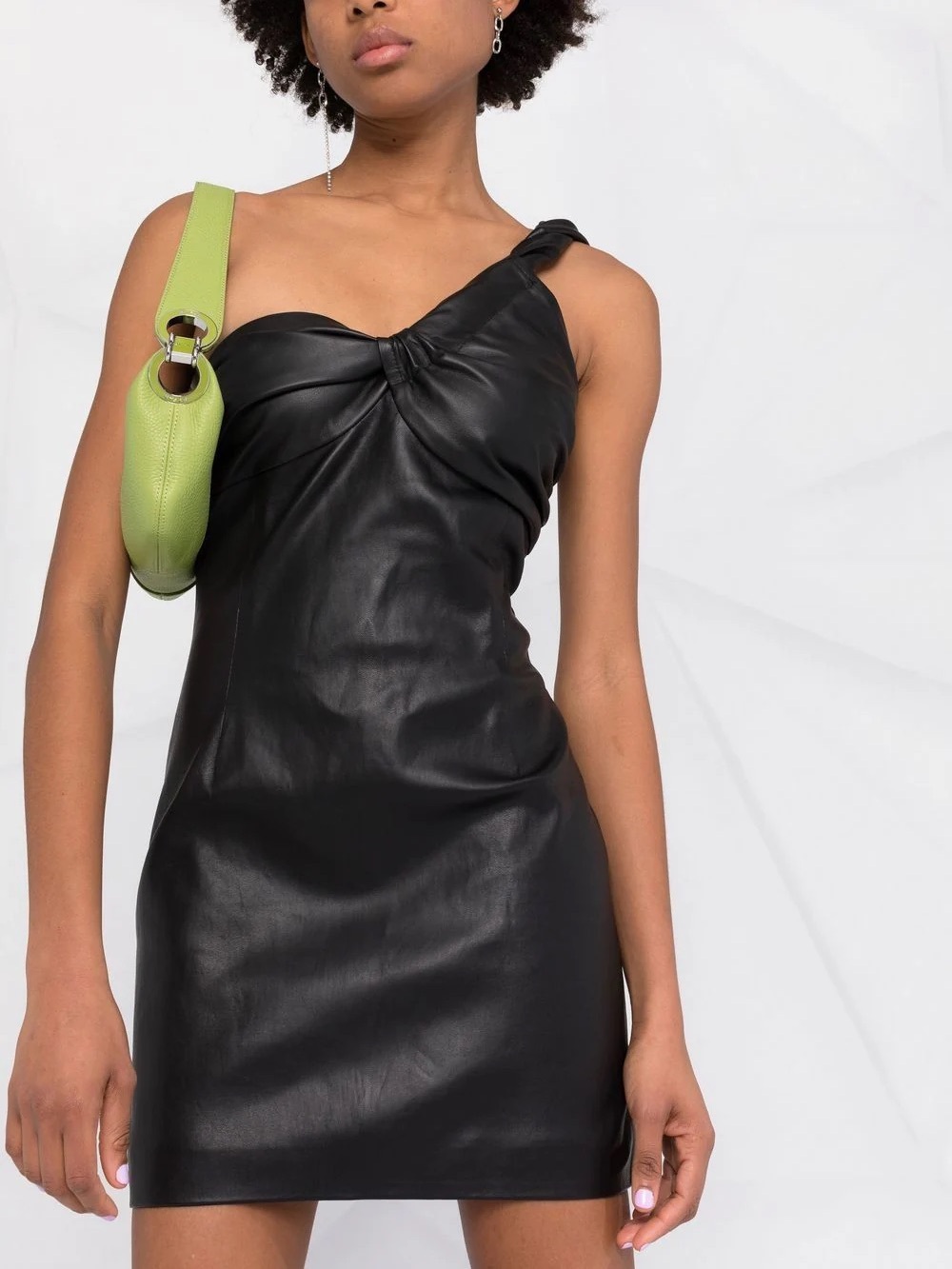 THE MANNEI Perth Leather One Shoulder Mini Dress in Black